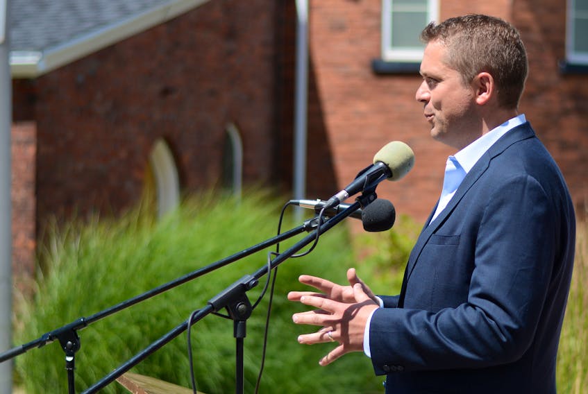 Andrew Scheer spoke at Victoria Square in Amherst Friday afternoon.