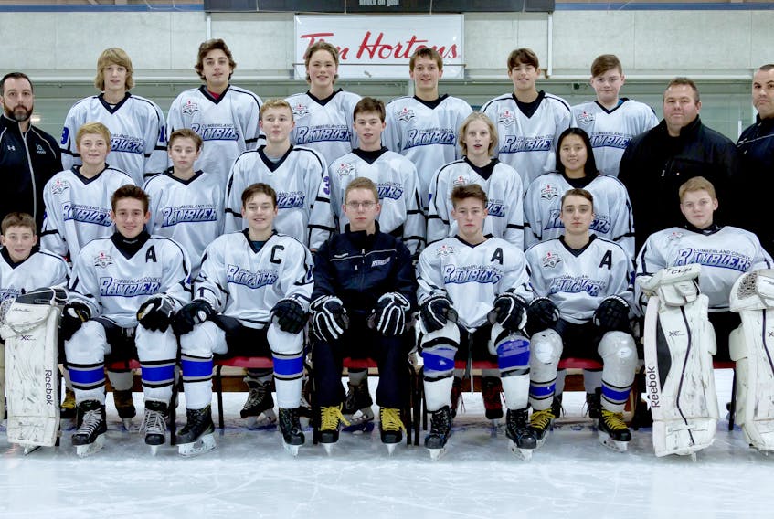 The Cumberland County Ramblers are hosting the 2018 Hockey Nova Scotia Bantam AA Championship Tournament at the Amherst Stadium. Members of the team include: (front, from left) Karter Griffin, Julian MacDonald, Noah Harrison, head coach Forrest Gallagher, MacKenzie Richard, Ty Ingraham, Cameron Purdy, (middle, from left) assistant coach Grayson Ingraham, Cody McKay, Cade Mosher, Ryder Codling, Madden Miller, Mattix McBurnie, Elizabeth Lirette, assistant coach Jeff Beed, assistant coach Scott Beed, (back, from left) Chandler Campbell, Ethan Casey, Jayden Matheson, Kyle Hurley, Ty Beed and Avery Shorthall.