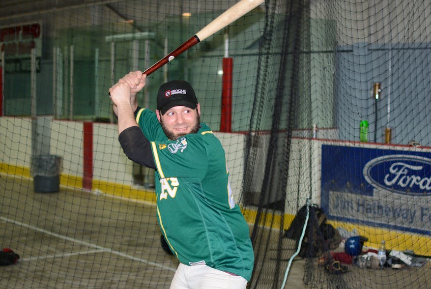 With his new Amherst Weston’s Athletics jersey and new baseball bat, Gus Tupper took a few swings during a training session April 15 at the Richard Calder Arena in Springhill. It was the first training session of the 2019 season for the new NSIBL team.