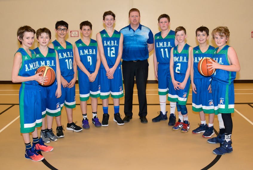 The Amherst A’s Under-14 boys basketball team (Team Amos) are in Halifax this weekend to compete at the provincial championships. The team is: (from left) Jasper Bushen, Nathan Moore, Anickin Bouwens, Evan Legere, Tyler Milner, coach Cayne Amos, Nate Campbell, Jason Amos, Luke Allen, and Bo Vandewiel. Missing from photo is assistant coach John Bushen.