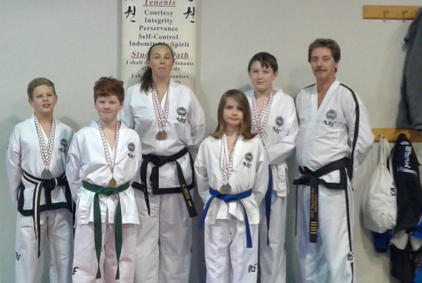 Seven competitors from JC’s TaeKwon-Do attended the 2017 ITF Eastern Canadian TaeKwon-Do Championships in Ottawa last weekend including: (front, from left) Kaden Wilson, Nathaniel White, (back, from left) Brandon Arseneault, Sue Smith, Xavier Hart and instructor Jim Ripley. Missing are Monique Flynn and Jessica Liebmann