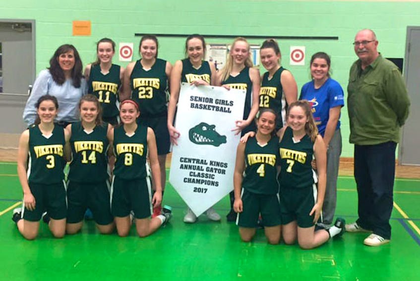 The ARHS Vikettes defeated Hants East 57-55 to capture the championship at a girl’s basketball tournament at Central Kings. Members of the team include: (front, from left) Keira Dyck, Becca Fromm, Chloe Stubbert, Jenna Todoschuk, Taneka Hussey, (back, from left) coach Patti Bennett, Olivia Scott, Sharon McCrossin, Emma Gould, Ceilidh Bennett, Emma Bickerton, Darcey Gould and coach Charlie Chambers. Missing is Lauren Furlong.
