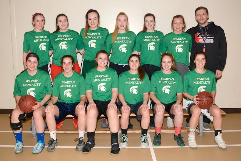 The Amherst Spartan girl’s basketball team is made up of players from Amherst and Oxford. They’re in Cole Harbour this weekend at the provincial championships. The team is: (front, from left) Darcy Gould, Katy Baker, Becca Fromm, Chloe Stubbert, Tameka Hussey, Keira Dyck, (back, from left) Brianna Warwick, Sharon McCrossin, Emma Gould, Ceilidh Bennett, Olivia Scott, Lauren Furlong and coach Thomas Skabar.