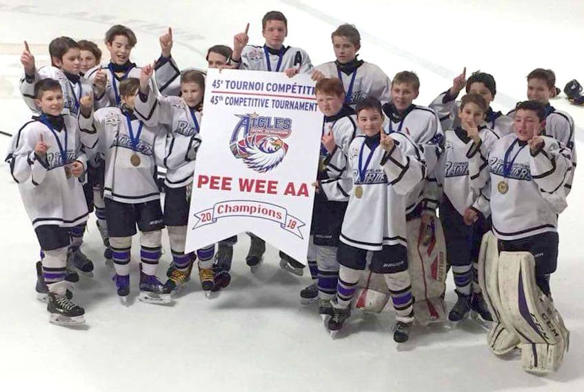 The Cumberland County Amherst Toyota Ramblers won the Peewee AA division at the Dieppe-Memramcook Minor Hockey Tournament on Jan. 14. Members of the team are shown with the banner including (in no order) Phoenix Remington, Hayden Crocket, Sam Maddison, Burke, Beed, Nate Arseneau, Reece MacDonald, Alex Herrett, James Carr, Kieran Sears, Ben MacDonald Mandel Nickerson, Ethan Rose, Aidan McBurnie, Nolan McNally, Brady Stack and Kyler Edwards.