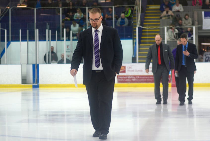 Jeff LeBlanc, Ramblers coach and general manager, seen here walking to the bench for the third period against the Campbellton Tigers last Saturday, will work the bench as an assistant coach at next month’s Eastern Canada Cup in Trenton, Ont.