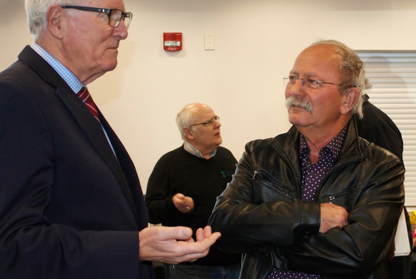 Cumberland-Colchester MP Bill Casey (left) and Amherst Mayor David Kogon speak following the announcement of a $700,000 federal-provincial study of the Tantramar Marsh between Amherst and Sackville, N.B. - Town of Amherst photo