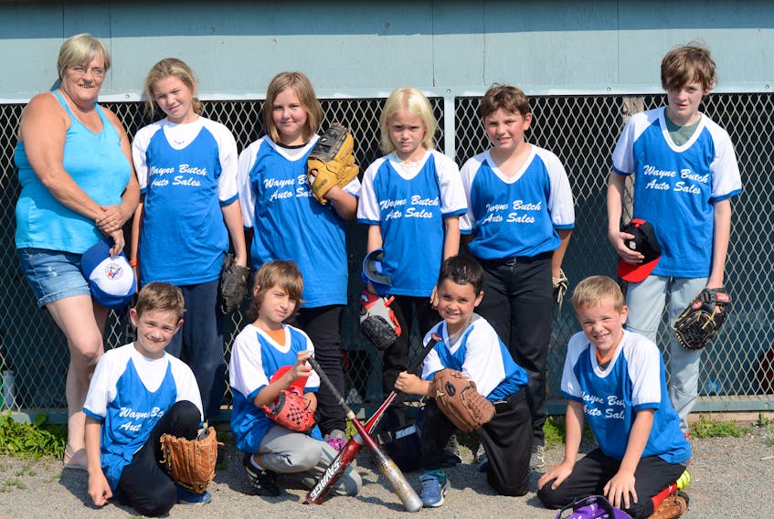 The Wayne Butch Auto Sales team is: (front, from left) Colin Murphy, Ben Wilcox, Carter Ripley, Parker Aucoin, (back, from left) coach Holly Hamilton, Emily Gilroy, Kylie Siddall, Austin Cormier, Camden ‘Jack’ Remington, and Ryland Fraser. Missing from photo is assistant coach Bill Murphy and player Dominick Coates.