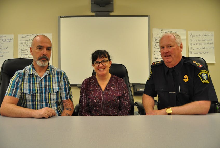 Amherst police officers received two days of mental health first aid training this week. Among those on hand were (from left) instructor James Shedden, Cumberland Mental Health psychologist Pam Chenhall, and Police Chief Ian Naylor.
Andrew Wagstaff - Amherst News