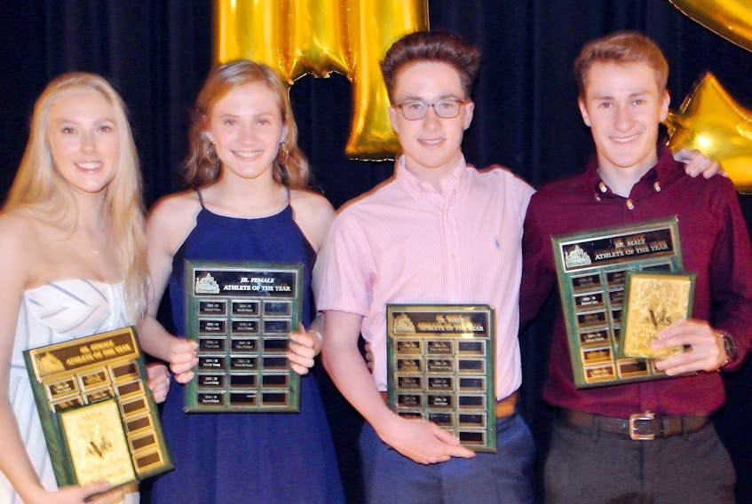 Major award winners from the ARHS Athletics Achievers celebration on June 12 included: (from left) Senior Female Athlete of the Year Ceilidh Bennett, Junior Female Athlete of the Year Emma Mattinson, Junior Male Athlete of the Year Luke Legere and Senior Male Athlete of the Year Caleb vanVulpen.