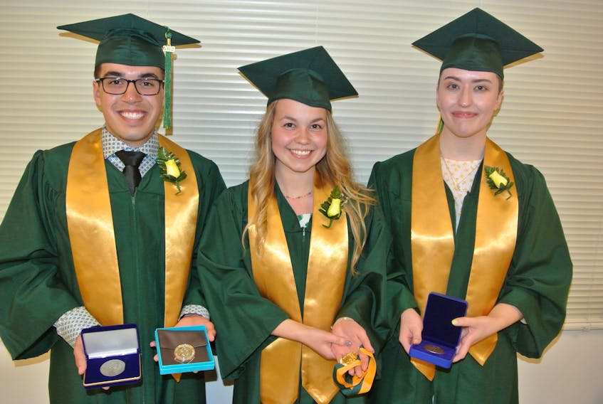 Top award winners at Amherst Regional High School during 2019 graduating ceremonies on Thursday included: (from left) Birk’s Medal and Queen Elizabeth II Medal winner Rohin Minocha-McKenney, valedictorian Breanna Taylor and Governor General Medal winner Adrianna O’Quinn.