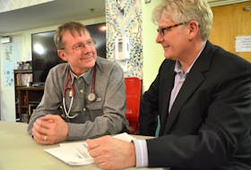 Dr. Ken Buchholz, left, and Annapolis Community Health Centre site manager Daniel Marsh talk about the emergency and primary health-care situation in Annapolis Royal following a meeting on March 28. Numerous hires during the past year and the prospect of two new doctors in the fall have people smiling.