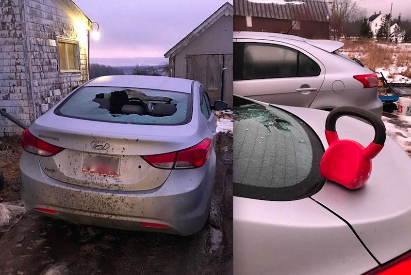 A rather hefty kettle bell appears to have gone through the rear window and onto the back seat of this car in Clarence overnight Feb. 4-5. RCMP are interested in how that might have happened..