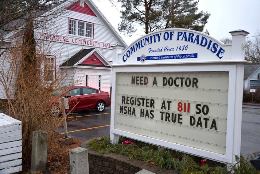 Annapolis County Citizens for Health recently put up this sign in front of the Paradise Community Hall urging people without a doctor to register with the provincial database. They believe many people who need a doctor aren’t even aware of this provincial registry. They say more people will be without a physician with local doctor retirements happening this year.