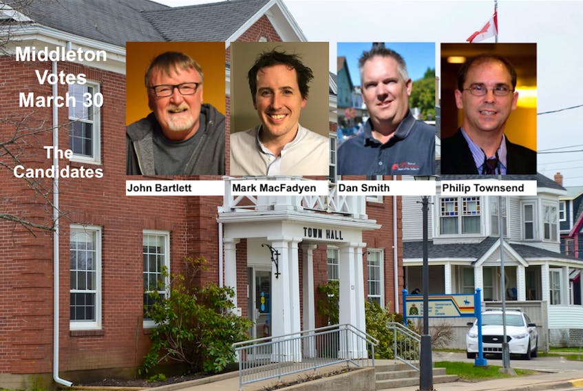 Four candidates are vying for one council seat in Middleton. They are, from left, John Bartlett, Mark MacFadyen, Dan Smith, and Philip Townsend.