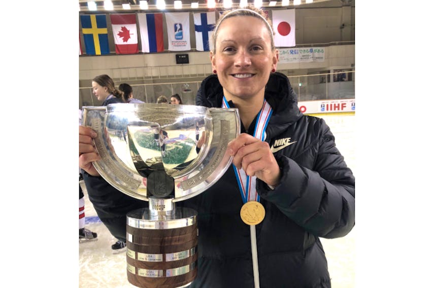 Bridgetown’s Maryelle Hannam holds the IIHF U18 Women’s World Championship cup her Canadian team won Jan. 13 with a 3-2 overtime win against the United States. She’s one of the coaches and was in Japan for the tournament.