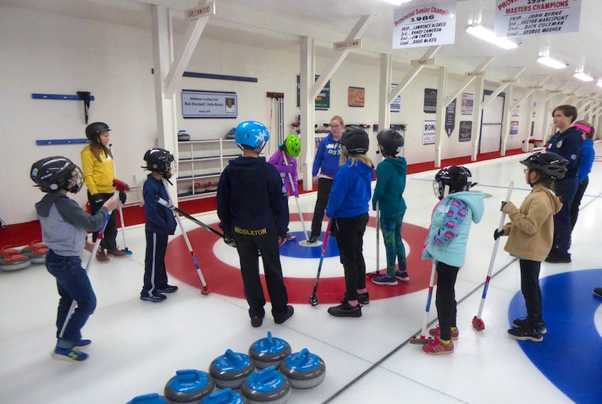 Middleton Curling Club hosted a clinic for new student curlers who tried the Rocks and Rings program. Co-ordinator Dawn Spidle led them through an hour of drills and instruction.