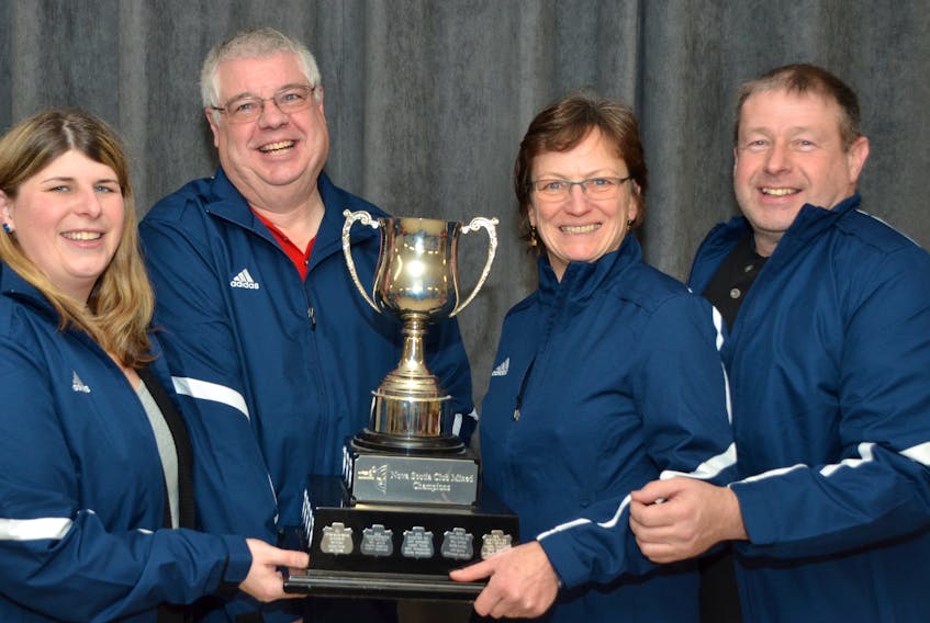 The winning Provincial Club Mixed Championship team from Windsor, from left, is made up of Monica Dirscoll, Greg Gollan, Shelley MacDougall, and skip Arnold Burnard.