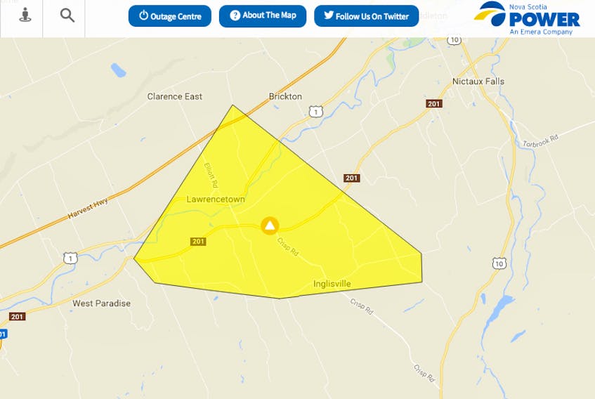 Trees on powerlines caused an outage in the Lawrencetown area at 4:30 p.m.