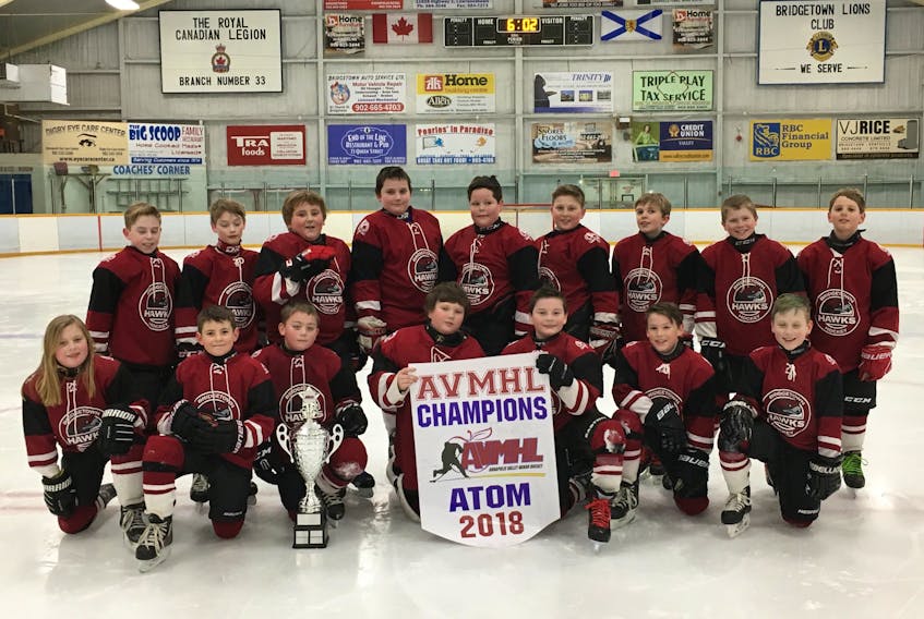 The Bridgetown Atom C Hawks are league champs after a 4-3 March 4 win over Yarmouth 3 in Clare. Players back from left are Cohen Bishop, Sam Stoddart,  Carson Graves, Lucas Johnston, Cayden Hudson, Raygan Ward, Ryan Kittelso, and Gavin Linders. Front from left are Mara Smith, Wesley Totten, Brady Spicer, Parker Marshall, Lowen Hebb, Warren Morrison, and Dillon Price. Missing from the photo are coaches Jamie Ward and Jesse Spicer.