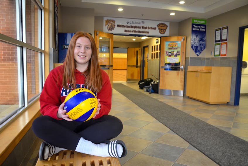 Middleton Monarch Madison Steele was at the MRHS gym recently. On Dec. 1 and 2 the power left side will help her team compete for gold as the school hosts Division 2 girls volleyball Provincials.