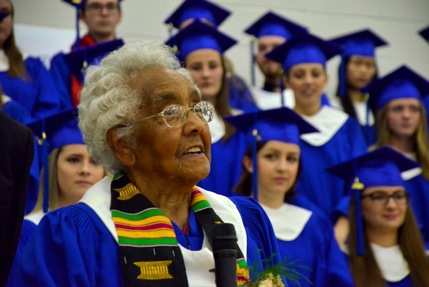 Ninety-nine-year-old Hazel Johnson thanked her fellow graduates and Bridgetown Regional Community School for presenting her with an honourary graduation certificate June 28. She was denied the rest of her education in the 1930s when in Grade 11 the school changed textbooks and her father was unable to afford the cost of the new ones.