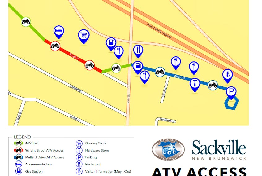 This map shows the route ATVers can now travel along Wright Street and Mallard Drive in Sackville.