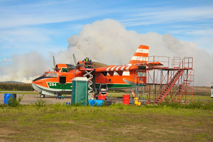 A water bomber at Wabush airport during the forest fire of 2013. The fire burned close to town and destroyed many cabins