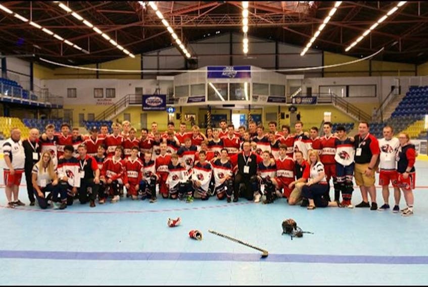 Canada and Great Britain’s Ball hockey teams became friends during the tournament , and posed for this picture in the Czech Republic.