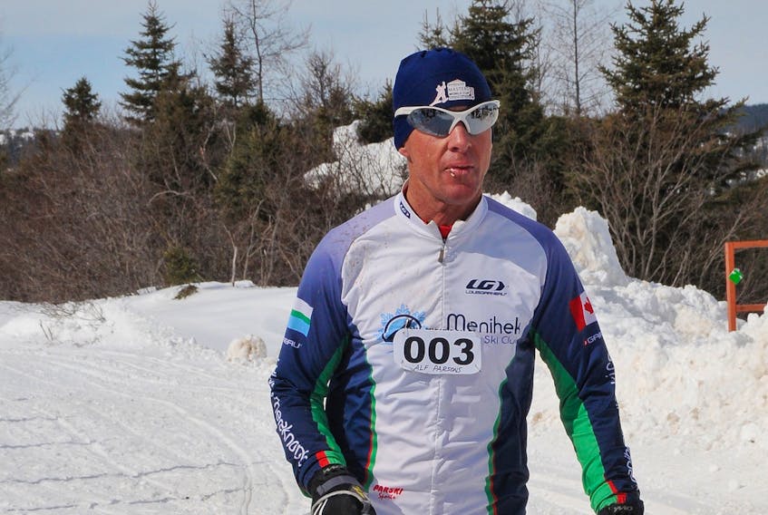 Alf Parsons at the finish line of a 50 plus k race at last year’s Great Labrador Loppet.