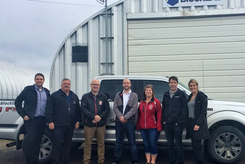 Pictured at the BlockLAB location are from left, Curtis Doran (BlockLAB), Labrador West MHA Graham Letto, Wabush town manager Charlie Perry, Mike Darrigan (BlockLAB), Wabush Councillor Gertie Canning, Robert Burton, (BlockLAB) and Sarah Flynn (BlockLAB).