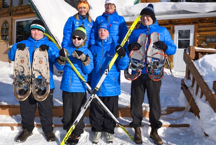 Four members of the Labrador West Big Landers are preparing to compete at the upcoming Newfoundland and Labrador Special Olympic Winter Games – the first time Labrador West has sent a contingent of athletes. From left, in front, are Christopher Gillam, Colin Rumbolt, Jody Lawrence and Junior Dumaresque. In back are cross-country ski coach Rhonda Lawrence and snowshoe coach Joan Hibbs.
