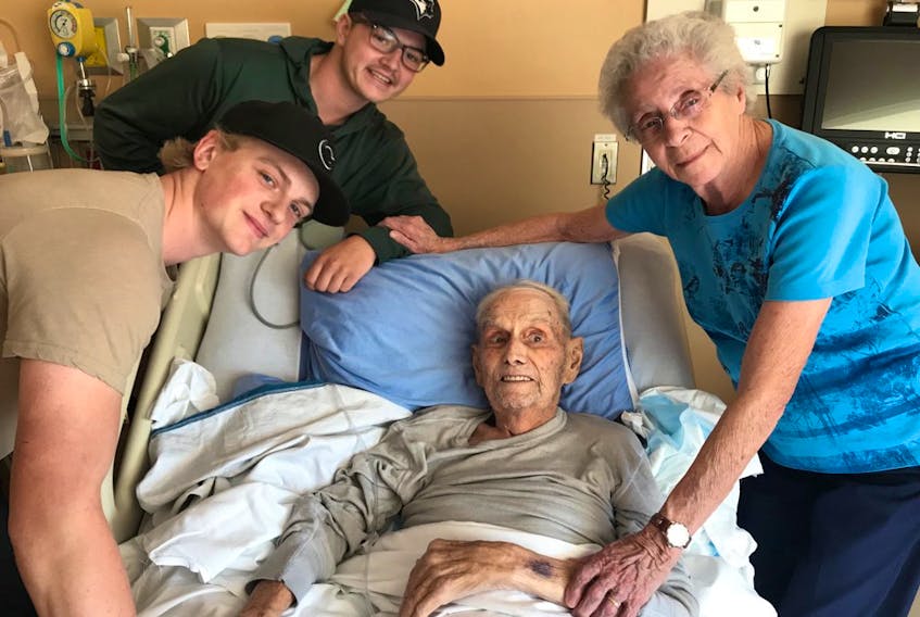 Shortly before he was dealt to Nova Scotia’s Valley Wildcats this September, Cole Kirkup (back, wearing glasses) and Humboldt Broncos captain Graysen Cameron visited with longtime Broncos fans John Kerbrat and his wife, Helene, in hospital. Within a week of the visit, Kirkup was traded and John Kerbrat died at age 90.
