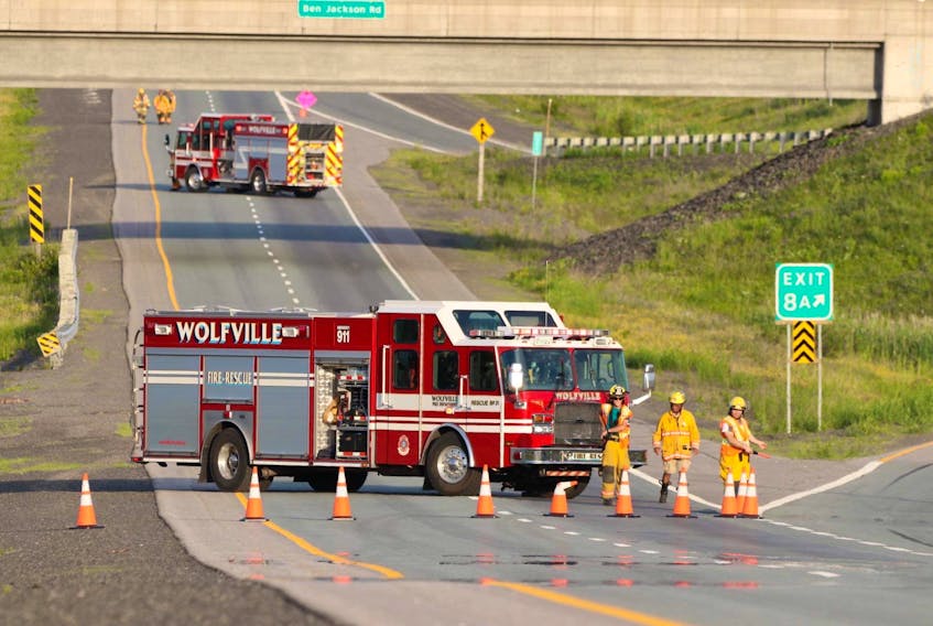 Wolfville firefighters helped block traffic on Highway 101 near Exit 8A: Ben Jackson Road July 3 following a single vehicle accident.
ADRIAN JOHNSTONE