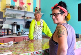 Terri-Ann Townsend, left, and Odessa MacNeil at the front counter at Shakes on Main in Lawrencetown. The new 1950s-style diner was set to open Sept. 3 with a great menu of burgers, fries, salads, and of course milk shakes and ice cream floats.