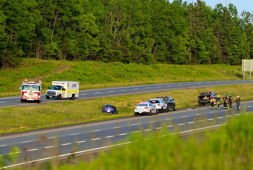 Hantsport, Windsor and Wolfville firefighters helped block traffic on Highway 101 near Exit 8A: Ben Jackson Road July 3 following a single vehicle accident. The driver died as a result of the crash, and the passenger sustained serious injuries. ADRIAN JOHNSTONE