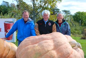 Steam Mill residents Gerard Ansems, centre, Fred Ansems, left, and Shirley Ansems, claimed the top three spots for growing the heaviest pumpkins at the Windsor West Hants Pumpkin Weigh-off Oct. 5.
