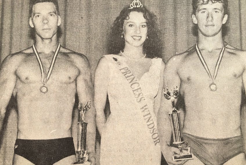 Princess Windsor Angela Quinn handed out the trophies for the winners of the Fitness and Pose Down competition held during Sam Slick Days in 1994. Pictured flanking her are Darren Foley, the senior men’s title winner, and Jeff Archibald, the junior men’s winner.