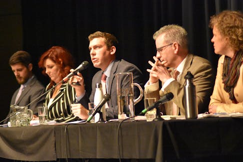 Kings-Hants candidates met in Horton High’s performance centre Oct. 10 to answer questions at a well-attended forum. Pictured, from left, is Matthew Southall (People’s Party), Martha MacQuarrie (Conservative), Kody Blois (Liberal), Stephen Schneider (NDP) and Brogan Anderson (Green).