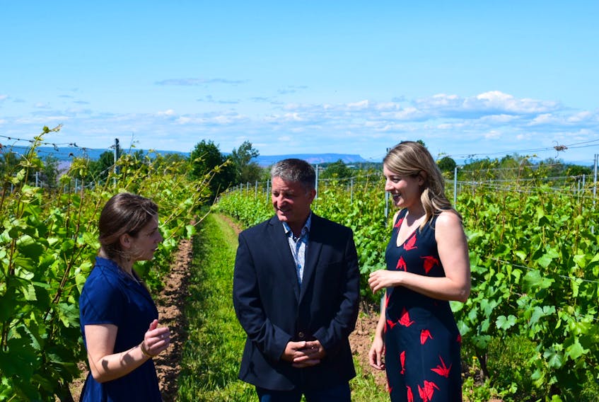 Tourism, Official Languages and La Francophonie Minister Melanie Joly, right, announced federal funding for Valley tourism initiatives at Lightfoot and Wolfville Vineyard on July 9.