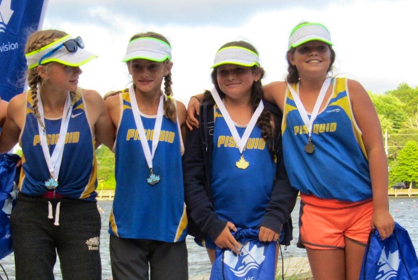 The U12 girls’ K4 team, which consisted of Maura Macumber, Ava Woodman, Jenna Wile, and Kyanna Hope, won the 500-metre race at the recent Atlantic Championships.