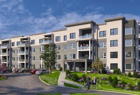 A rendering shows the exterior design for the Miners Landing apartment buildings in development in Kentville.