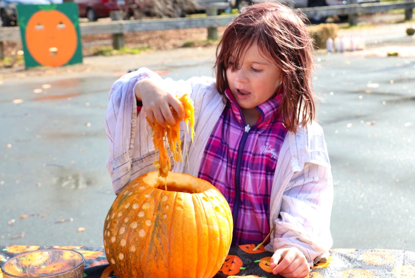Seven-year-old Payton Gillott, of Hantsport, didn’t mind getting her hands sticky as she competed in the 4-H pumpkin Olympics race that was held along the Windsor waterfront to coincide with the pumpkin regatta Oct. 19.