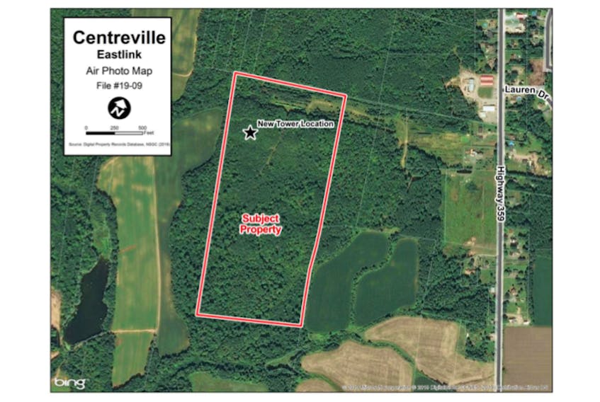 This graphic from a recent staff report to Kings County council shows the proposed location for the Eastlink cell tower in Centreville. - County of Kings graphic