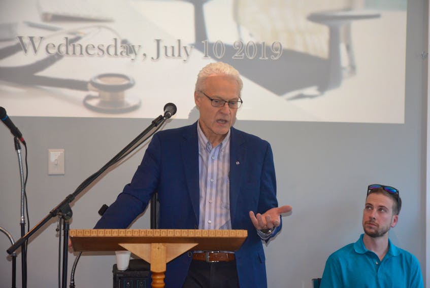 Dr. Bob Mullan, speaking about primary care issues in Nova Scotia's healthcare system July 10, in Millville.