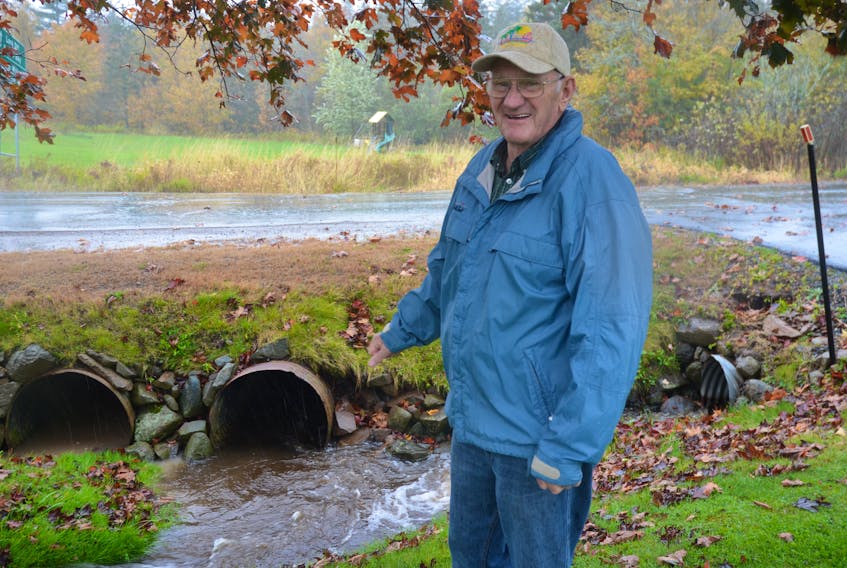 The two culverts at the end of Everett Schofield’s driveway were overwhelmed with flooding water during post-tropical storm Erin. Schofield would like to see the Department of Transportation and Infrastructure Renewal construct a new culvert on his property to allow better drainage.