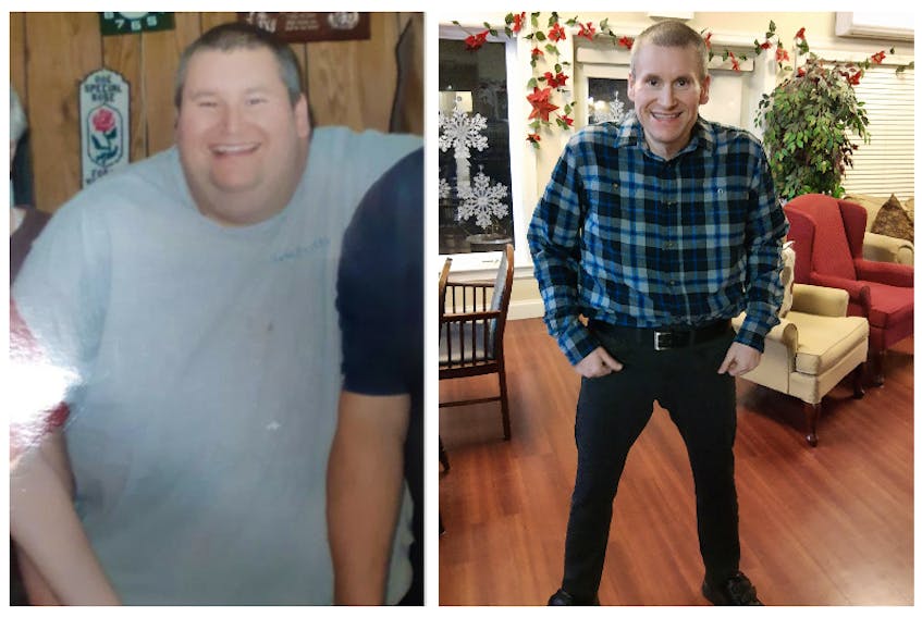 Dereck Boutilier of Sydney, in 2017, left, at 302 pounds when he entered the Cornerstone Community Home in Sydney and Boutilier, right, today at 158.4 pounds.