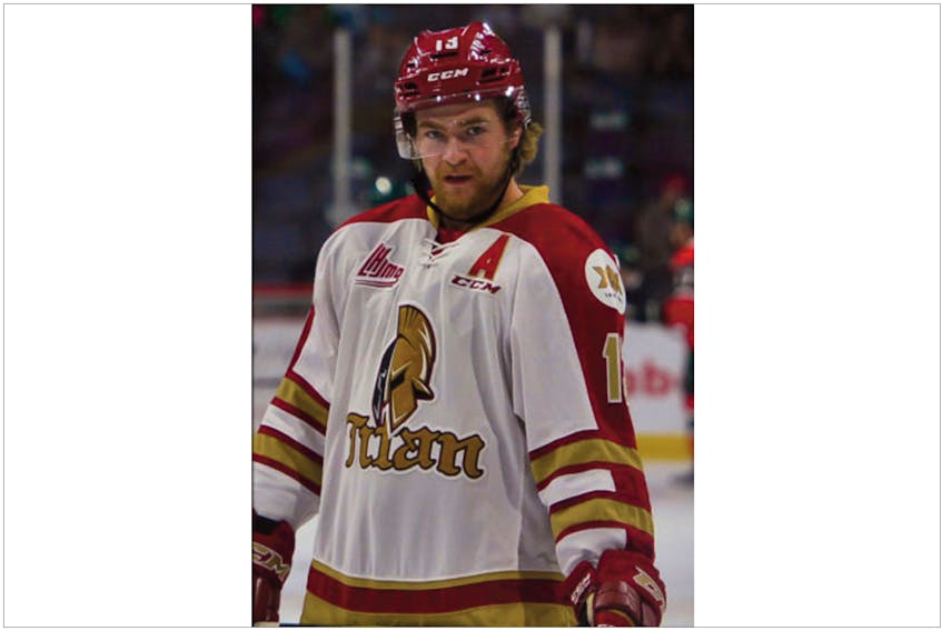 Acadie-Bathurst Titan/Facebook—In helping the Acadie-Bathurst Titan win their last three games, Adam Holwell (13) had six points and was twice named a game star. The defenceman from St. John’s tops all players in the QMJHL in plus-minus rating.