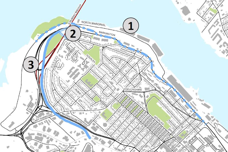 In this map, Halifax Regional Municipality has identified the three preliminary routes being considered for walking and cycling connections to Africville.