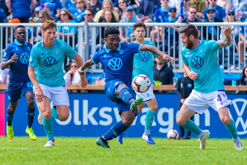 HFX Wanderers FC striker Akeem Garcia controls the ball against Pacific FC during a Canadian Premier League game at the Wanderers Grounds. (Trevor MacMillan/HFX Wanderers FC)