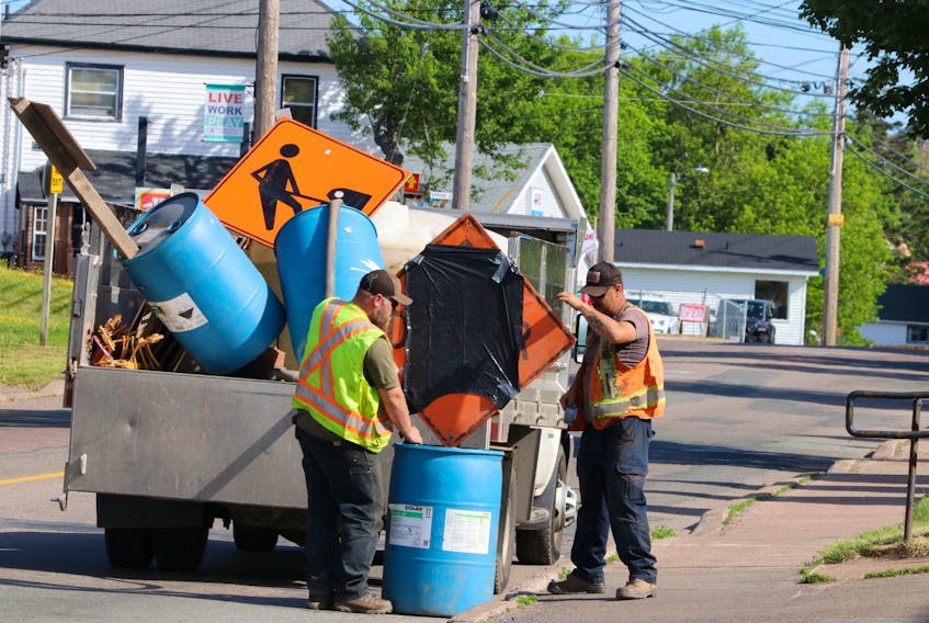 A crew from Bowsers Construction Ltd. was installing signage along Albion Street on Friday, June 26, 2020, in preparation for a major infrastructure project that begins on June 29. Tom McCoag/Town of Amherst photo